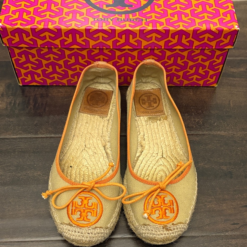 Tory Burch Beige Canvas Espadrille Flats with Orange Trim